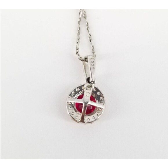 Sterling Silver Round Cut Ruby and Cubic Zirconia Halo 19" Chain Necklace 1.8g - Picture 5 of 6